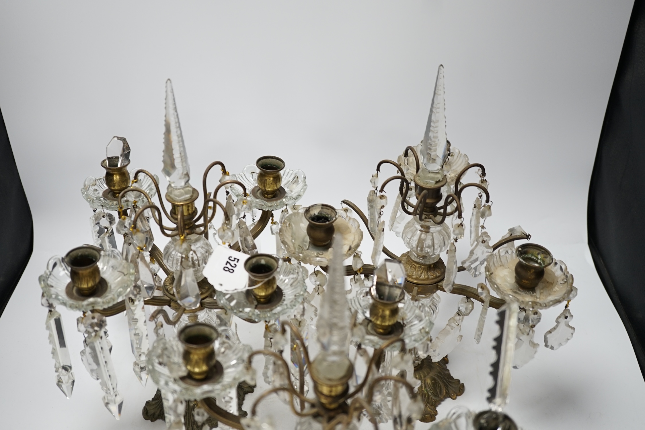 Three table lustre four branch candelabra, possibly French, 38cm high